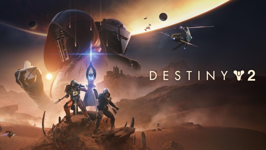 Os 15 Melhores Jogos Grátis para PC em 2026: Guia Completo Para Escolher o Jogo Ideal Banner oficial de Destiny 2 mostrando Guardiões durante uma missão.