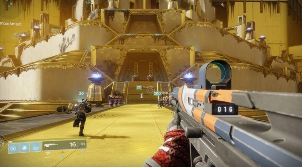 Os 15 Melhores Jogos Grátis para PC em 2026: Guia Completo Para Escolher o Jogo Ideal Gameplay de Destiny 2 mostrando uma missão cooperativa contra um chefe.