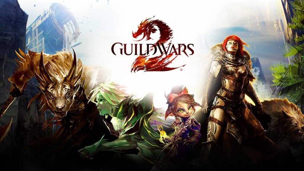 Os 15 Melhores Jogos Grátis para PC em 2026: Guia Completo Para Escolher o Jogo Ideal Arte oficial mostrando os heróis e criaturas do mundo de Tyria.