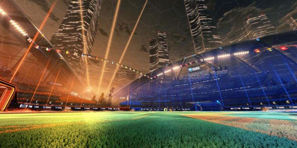 Os 15 Melhores Jogos Grátis para PC em 2026: Guia Completo Para Escolher o Jogo Ideal Estádio DFH Stadium de Rocket League durante uma partida.