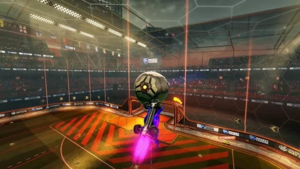 Os 15 Melhores Jogos Grátis para PC em 2026: Guia Completo Para Escolher o Jogo Ideal Gameplay de Rocket League mostrando um gol aéreo durante uma partida competitiva.