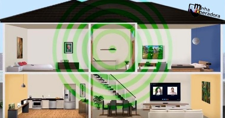 Como Melhorar o Sinal do Wi-Fi em Casa Sem Gastar Muito Uma casa vista de cima mostrando o roteador distribuindo o sinal Wi-Fi pelos cômodos.