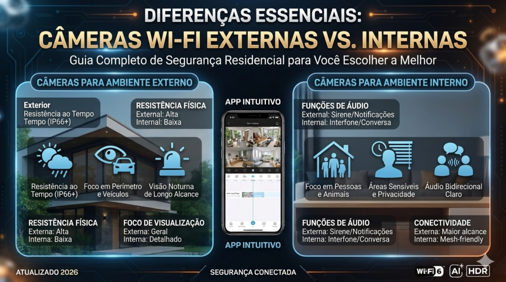 As 10 Melhores Câmeras Wi-Fi para Segurança Residencial em 2026 Diferenças entre câmeras Wi-Fi internas e externas para segurança residencial.