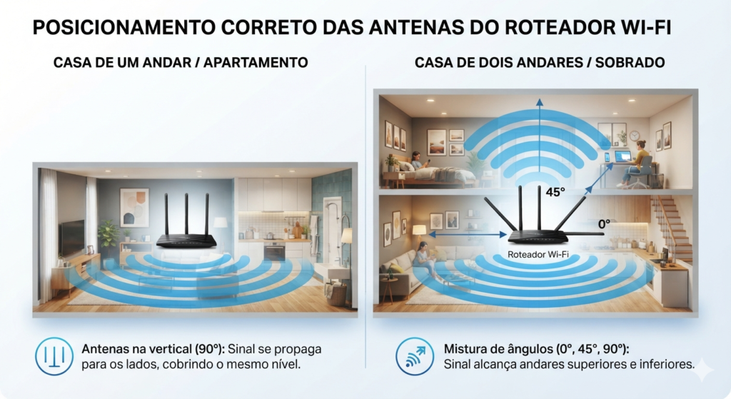Como Melhorar o Sinal do Wi-Fi em Casa Sem Gastar Muito "Posicionamento correto das antenas de um roteador Wi-Fi para melhorar a cobertura do sinal."