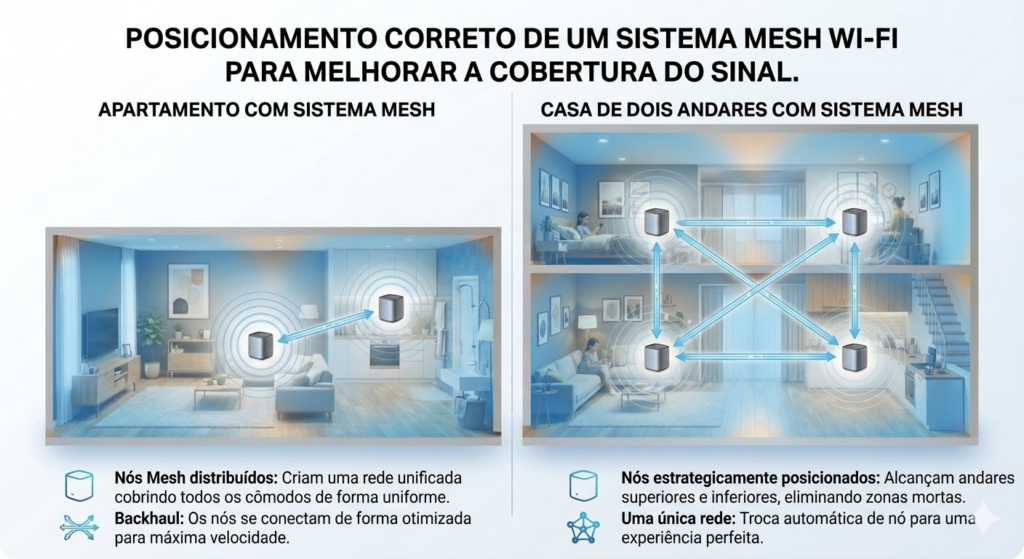 Como Melhorar o Sinal do Wi-Fi em Casa Sem Gastar Muito "Sistema Mesh distribuindo o sinal Wi-Fi por todos os ambientes de uma residência."